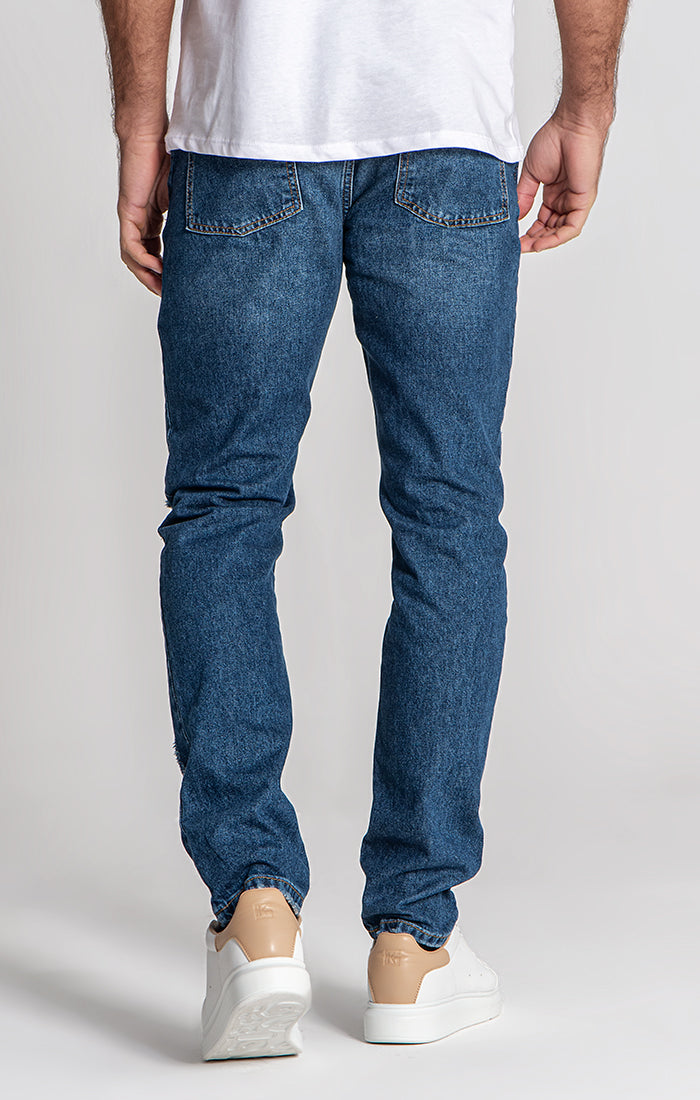 Dark Blue Ripped Straight-Leg Jeans