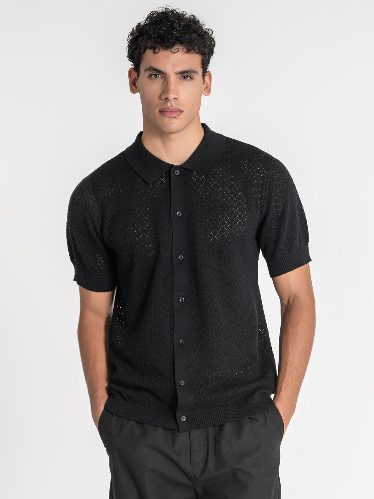 shirts / Black Buttoned Knit Shirt