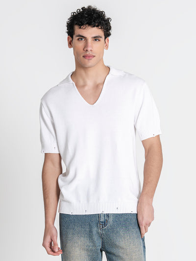 polos / White Ripped Knit Polo