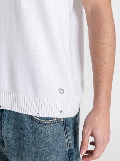 polos / White Ripped Knit Polo
