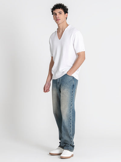 polos / White Ripped Knit Polo