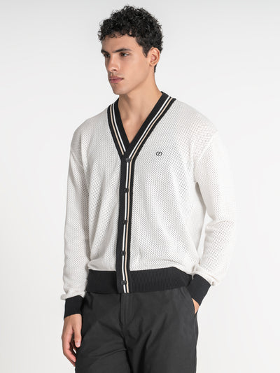 jackets / Beige Striped Knit Cardigan