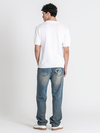 polos / White Ripped Knit Polo