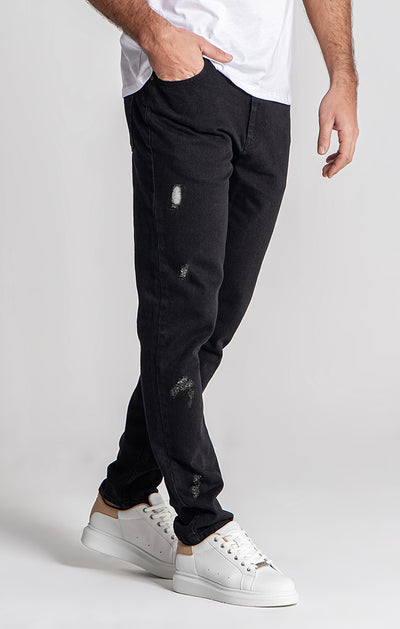 Black Ripped Straight-Leg Jeans