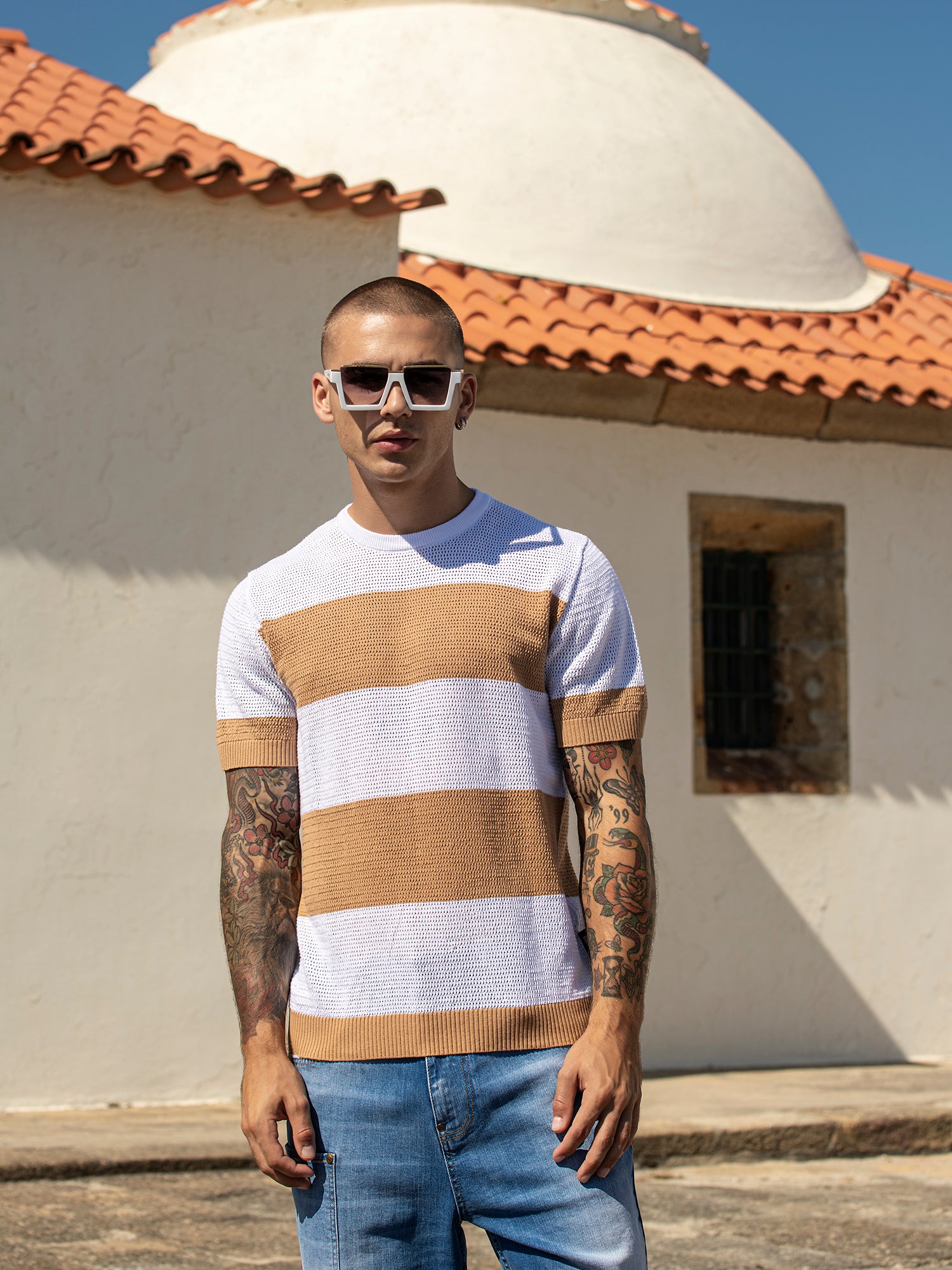 Camel Striped Knit Tee