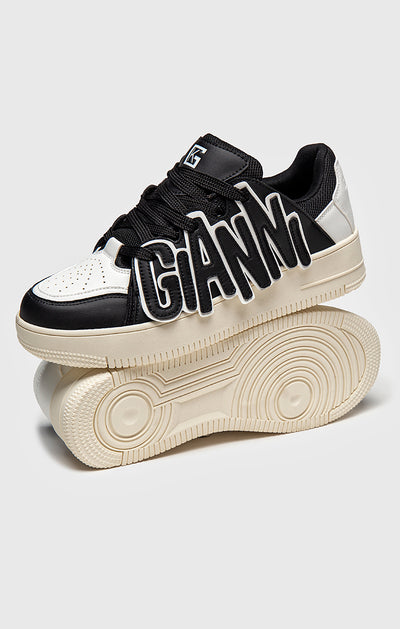 A pair of black Gianni high-top sneakers with unique sole design, displayed against a white background.