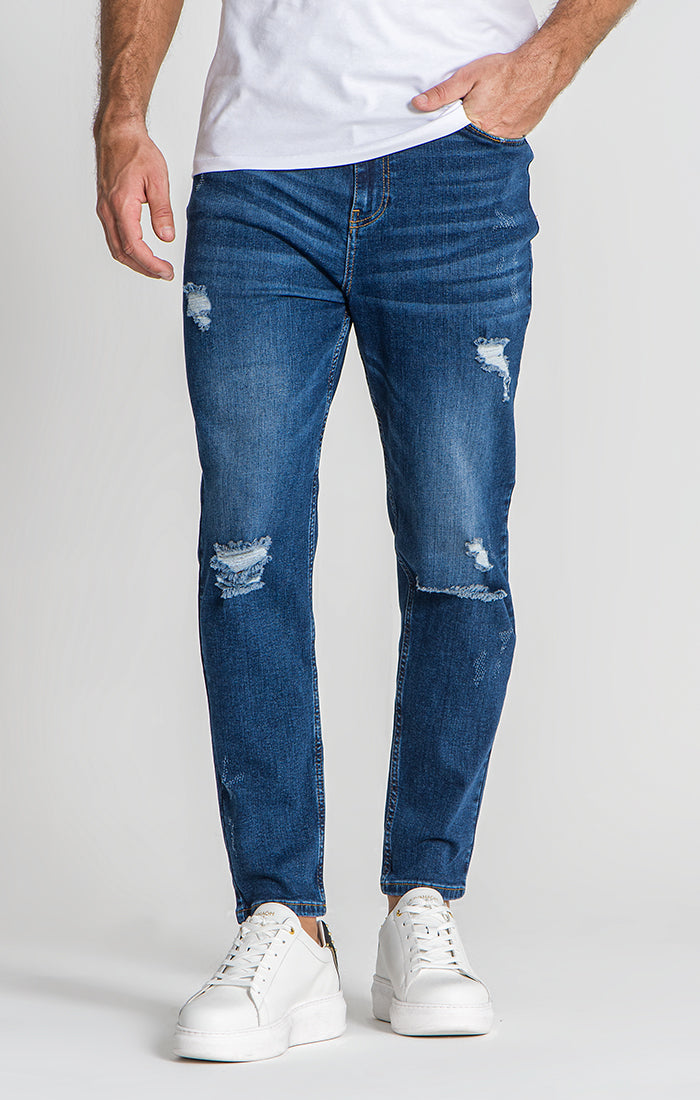 Dark Blue Ripped Carrot Leg Jeans, Jeans